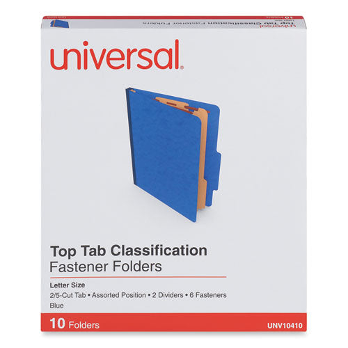 Six-Section Pressboard Classification Folders, 2.5" Expansion, 2 Dividers, 6 Fasteners, Letter Size, Blue, 10/Box-(UNV10410)