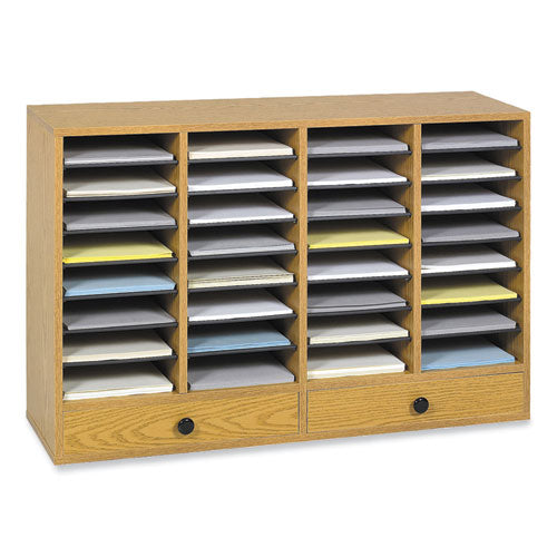 Wood Adjustable Literature Organizer, 32 Compartments, 39.25 x 11.75 x 25.25, Medium Oak-(SAF9494MO)