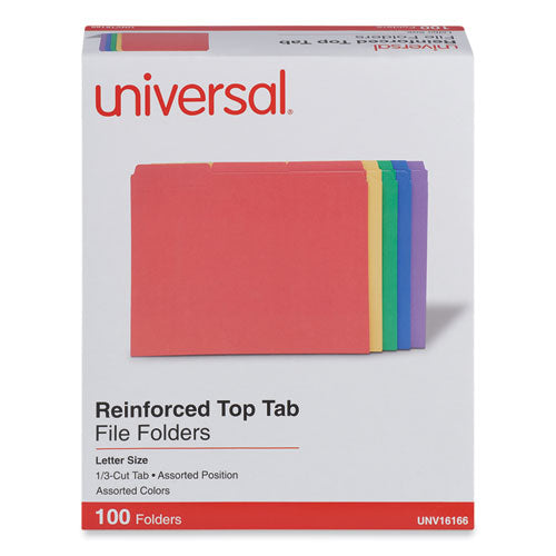 Reinforced Top-Tab File Folders, 1/3-Cut Tabs: Assorted, Letter Size, 1" Expansion, Assorted Colors, 100/Box-(UNV16166)