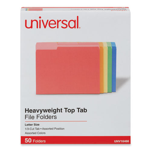 Deluxe Heavyweight File Folders, 1/3-Cut Tabs: Assorted, Letter Size, 0.75" Expansion, Assorted Colors, 50/Box-(UNV16466)