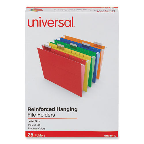 Deluxe Reinforced Recycled Hanging File Folders, Letter Size, 1/5-Cut Tabs, Assorted, 25/Box-(UNV34112)