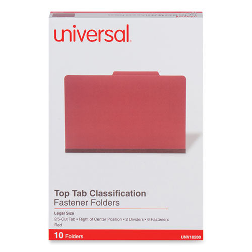 Six-Section Pressboard Classification Folders, 2" Expansion, 2 Dividers, 6 Fasteners, Legal Size, Red Exterior, 10/Box-(UNV10280)