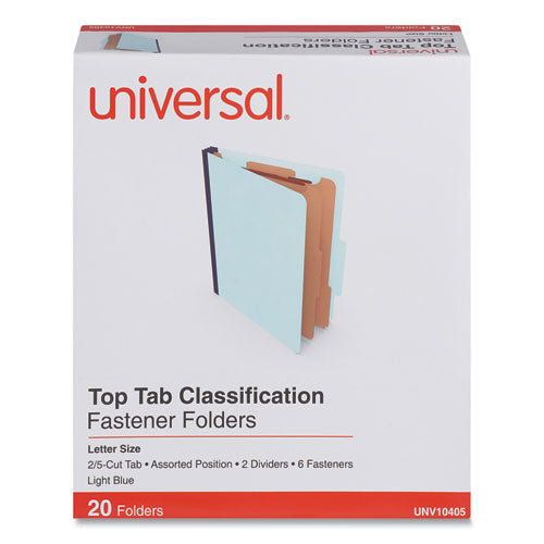 Six-Section Pressboard Classification Folders, 2.5" Expansion, 2 Dividers, 6 Fasteners, Letter Size, Light Blue, 20/Box-(UNV10405)