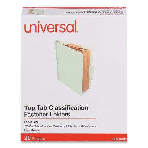 Six-Section Classification Folders, Heavy-Duty Pressboard Cover, 2 Dividers, 6 Fasteners, Letter Size, Light Green, 20/Box-(UNV10407)