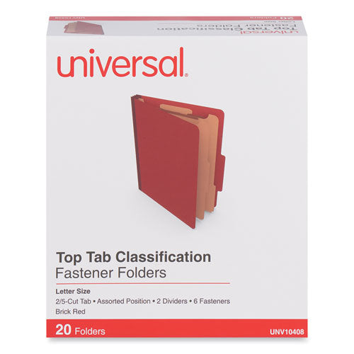 Six-Section Classification Folders, Heavy-Duty Pressboard Cover, 2 Dividers, 6 Fasteners, Letter Size, Brick Red, 20/Box-(UNV10408)