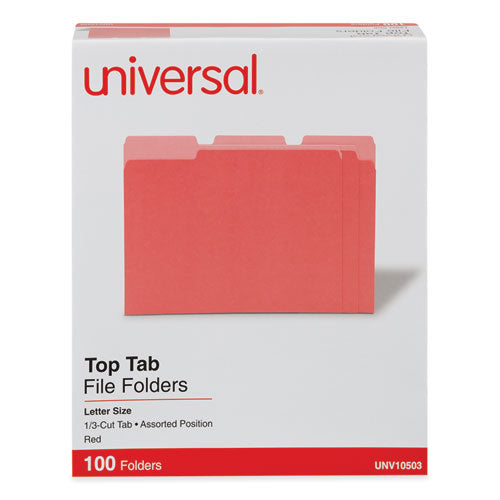 Deluxe Colored Top Tab File Folders, 1/3-Cut Tabs: Assorted, Letter Size, Red/Light Red, 100/Box-(UNV10503)