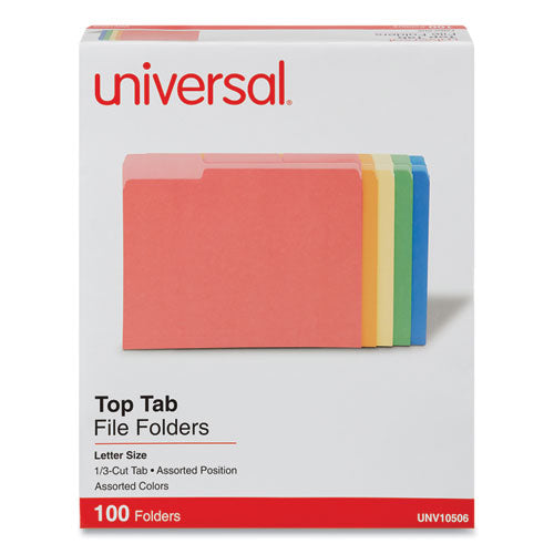 Deluxe Colored Top Tab File Folders, 1/3-Cut Tabs: Assorted, Letter Size, Assorted Colors, 100/Box-(UNV10506)
