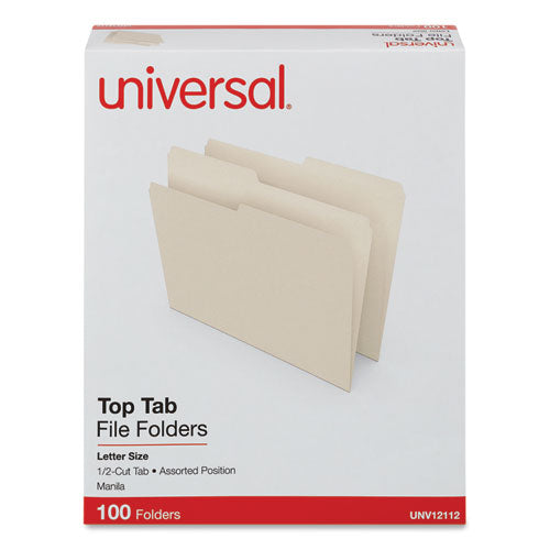 Top Tab File Folders, 1/2-Cut Tabs: Assorted, Letter Size, 0.75" Expansion, Manila, 100/Box-(UNV12112)