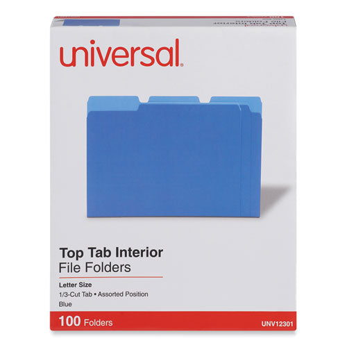 Interior File Folders, 1/3-Cut Tabs: Assorted, Letter Size, 11-pt Stock, Blue, 100/Box-(UNV12301)