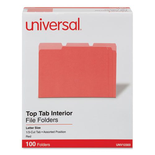 Interior File Folders, 1/3-Cut Tabs: Assorted, Letter Size, 11-pt Stock, Red, 100/Box-(UNV12303)