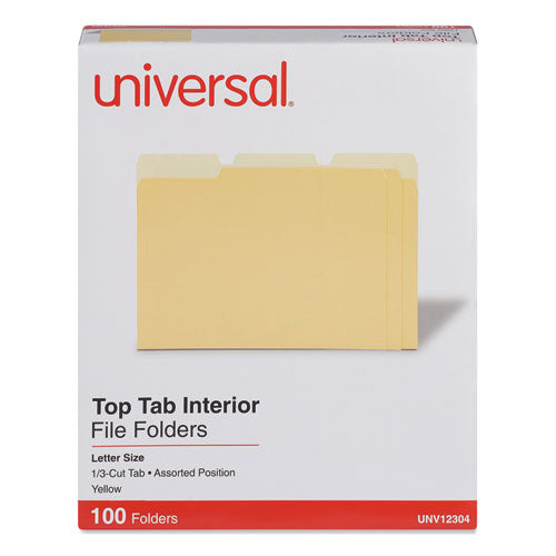 Interior File Folders, 1/3-Cut Tabs: Assorted, Letter Size, 11-pt Stock, Yellow, 100/Box-(UNV12304)