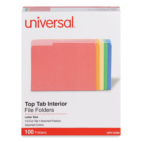 Interior File Folders, 1/3-Cut Tabs: Assorted, Letter Size, 11-pt Stock, Assorted Colors, 100/Box-(UNV12306)