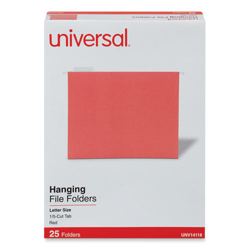 Deluxe Bright Color Hanging File Folders, Letter Size, 1/5-Cut Tabs, Red, 25/Box-(UNV14118)