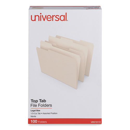 Top Tab File Folders, 1/3-Cut Tabs: Assorted, Legal Size, 0.75" Expansion, Manila, 100/Box-(UNV15113)