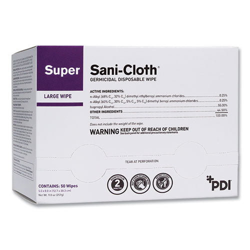 Super Sani-Cloth Individually Wrapped Germicidal Disposable Wipes, Large, 1-Ply, 5 x 8, Unscented, White, 50/Pack-(PDIH04082)