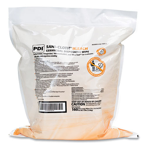 Sani-Cloth Bleach Germicidal Disposable Wipe Refill, 1-Ply, 7.5 x 15, Unscented, White, 160/Bag, 2 Bags/Carton-(PDIP700RF)