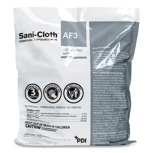 Sani-Cloth AF3 Germicidal Disposable Wipe Refill, Extra-Large, 1-Ply, 7.5 x 15, Unscented, White, 160 Wipes/Bag,2 Bags/Carton-(PDIP2450P)