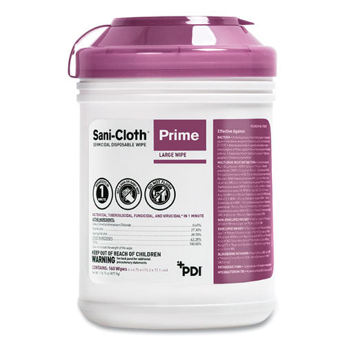 Sani-Cloth Prime Germicidal Disposable Wipes, Large, 1-Ply, 6 x 6.75, Unscented, White, 160/Canister, 12 Canisters/Carton-(PDIP25372)