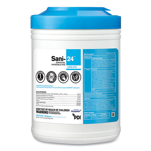 Sani-24 Germicidal Disposable Wipes, Large, 1-Ply, 6 x 6.75, Unscented, White, 160/Pack-(PDIP26672)