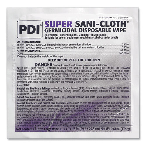 Super Sani-Cloth Individually Wrapped Germicidal Disposable Wipes, Extra-Large, 1-Ply, 11.5 x 11.75, White, 50/Box,3 Boxes/CT-(PDIU87295)