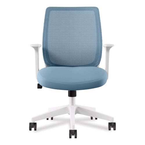 Essentials Mesh Back Fabric Task Chair with Arms, Supports Up to 275 lb, Seafoam Fabric Seat/Mesh Back, White Base-(UOS60409)