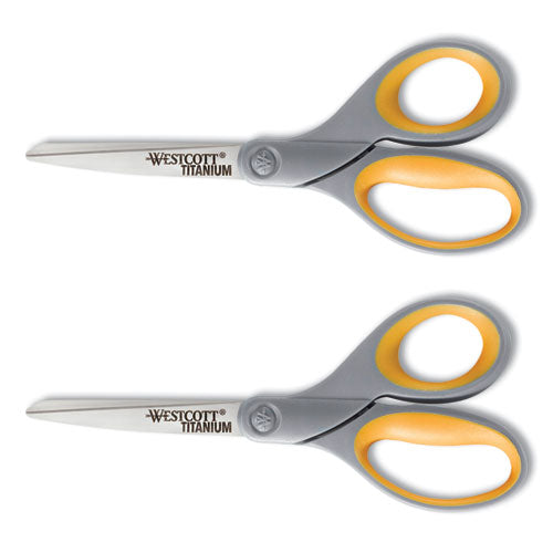 Titanium Bonded Scissors, 8" Long, 3.5" Cut Length, Gray/Yellow Straight Handles, 2/Pack-(ACM13901)