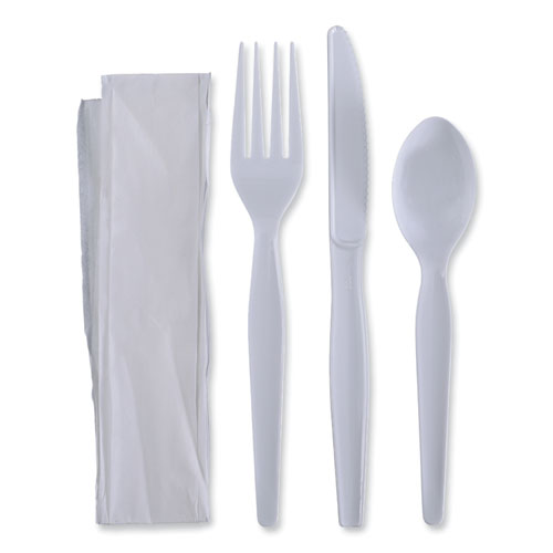 Four-Piece Cutlery Kit, Fork/Knife/Napkin/Teaspoon, Heavyweight, White, 250/Carton-(BWKFKTNHWPSWH)