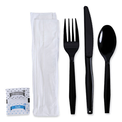 Six-Piece Cutlery Kit, Condiment/Fork/Knife/Napkin/Teaspoon, Black, 250/Carton-(BWKFKTNSMWPSBLA)