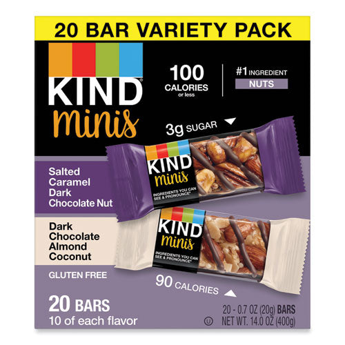 Minis, Salted Caramel and Dark Chocolate Nut/Dark Chocolate Almond and Coconut, 0.7 oz, 20/Pack-(KND27970)