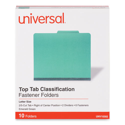 Bright Colored Pressboard Classification Folders, 2" Expansion, 2 Dividers, 6 Fasteners, Letter Size, Emerald Green, 10/Box-(UNV10302)