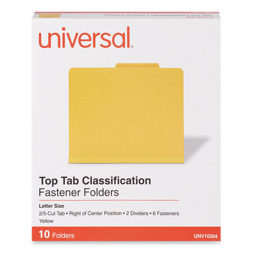 Bright Colored Pressboard Classification Folders, 2" Expansion, 2 Dividers, 6 Fasteners, Letter Size, Yellow Exterior, 10/Box-(UNV10304)