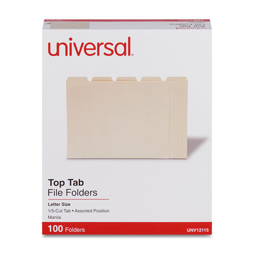 Top Tab File Folders, 1/5-Cut Tabs: Assorted, Letter Size, 0.75" Expansion, Manila, 100/Box-(UNV12115)