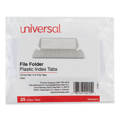 Hanging File Folder Plastic Index Tabs, 1/5-Cut, Clear, 2.25" Wide, 25/Pack-(UNV42215)