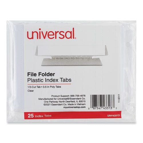 Hanging File Folder Plastic Index Tabs, 1/3-Cut, Clear, 3.7" Wide, 25/Pack-(UNV43313)