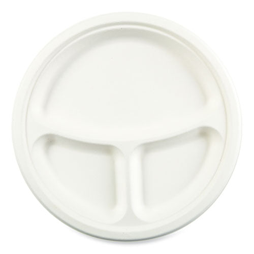 Bagasse PFAS-Free Dinnerware, Plate, 10" dia, 3-Compartment, White, 500/Carton-(BWKPLT3C10NPFA)