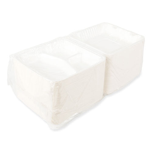 Bagasse PFAS-Free Food Containers, 3-Compartment, 9 x 9 x 3.19, White, Bamboo/Sugarcane, 200/Carton-(RPPHL93NPFA)