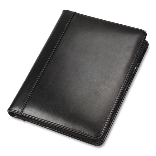 Leather Zipper Padfolio w/Writing Pad, Organizer Slots, Black-(SAM70730)