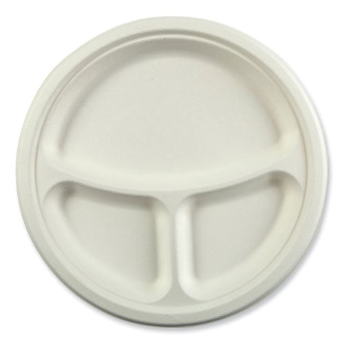 Bagasse PFAS-Free Dinnerware, 3-Compartment Plate, 10.24" dia, White, 500/Carton-(RPPPL11NPFA)