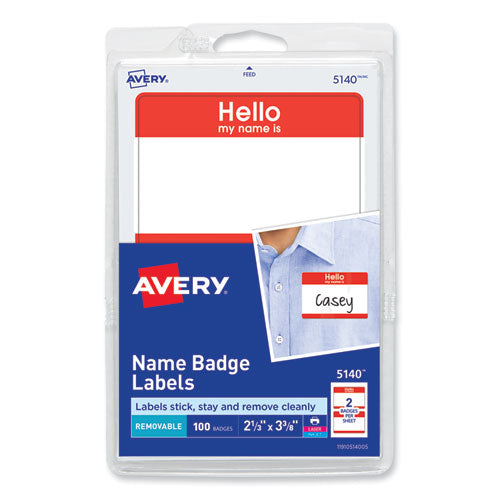 Printable Self-Adhesive Name Badges, 2 1/3 x 3 3/8, Red "Hello", 100/Pack-(AVE5140)