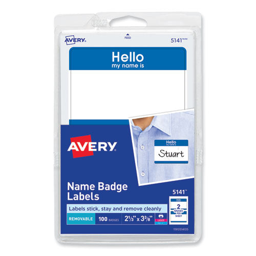 Printable Adhesive Name Badges, 3.38 x 2.33, Blue "Hello", 100/Pack-(AVE5141)