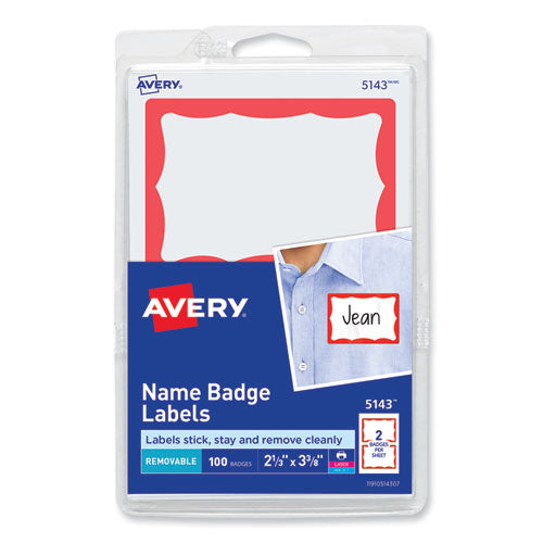 Printable Adhesive Name Badges, 3.38 x 2.33, Red Border, 100/Pack-(AVE5143)