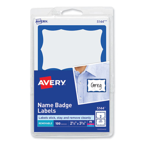 Printable Adhesive Name Badges, 3.38 x 2.33, Blue Border, 100/Pack-(AVE5144)