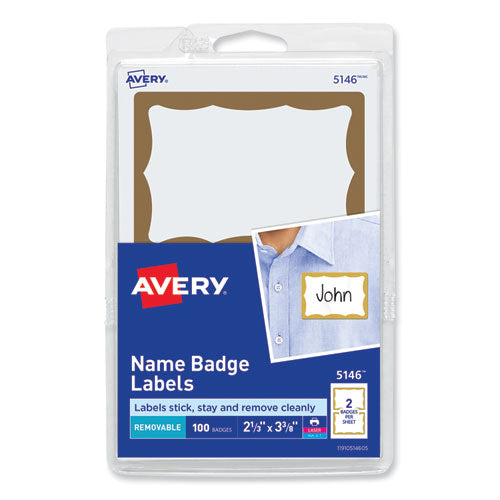 Printable Adhesive Name Badges, 3.38 x 2.33, Gold Border, 100/Pack-(AVE5146)