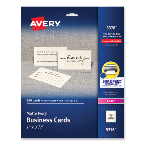 Printable Microperforated Business Cards w/Sure Feed Technology, Laser, 2 x 3.5, Ivory, 250 Cards, 10/Sheet, 25 Sheets/Pack-(AVE5376)