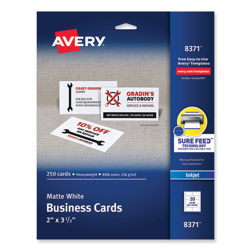 Printable Microperforated Business Cards w/Sure Feed Technology, Inkjet, 2 x 3.5, White,  250 Cards, 10/Sheet, 25 Sheets/Pack-(AVE8371)