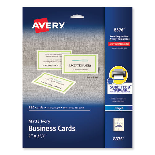 Printable Microperforated Business Cards w/Sure Feed Technology, Inkjet, 2 x 3.5, Ivory, 250 Cards, 10/Sheet, 25 Sheets/Pack-(AVE8376)