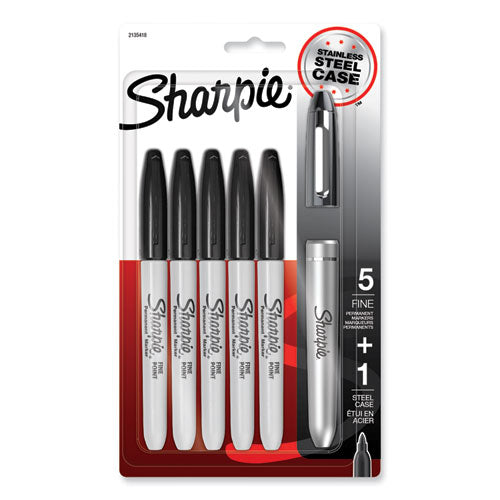 Fine Tip Permanent Marker, Stainless Steel Single Marker Case, Fine Bullet Tip, Black, 5/Pack-(SAN2135418)