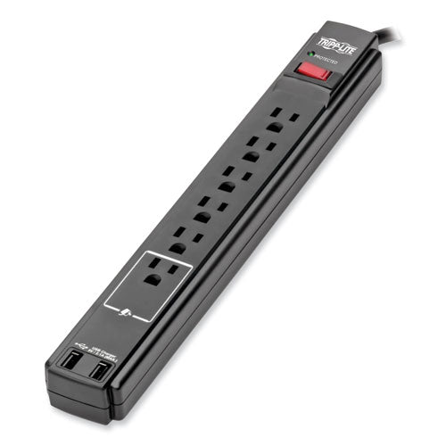 Protect It! Surge Protector, 6 AC Outlets/2 USB Ports, 6 ft Cord, 990 J, Black-(TRPTLP606USBB)
