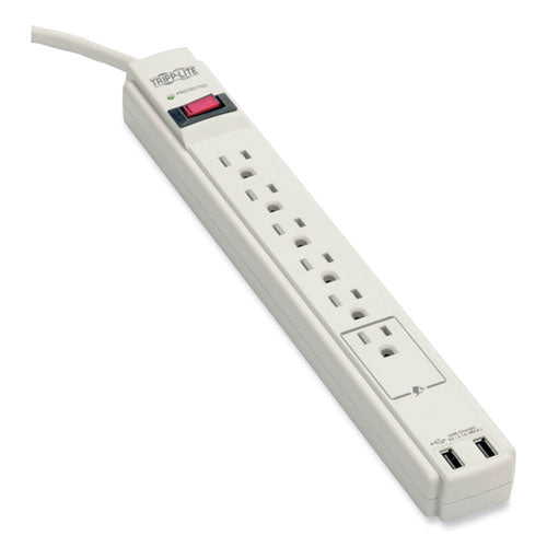 Protect It! Surge Protector, 6 AC Outlets/2 USB Ports, 6 ft Cord, 990 J, Cool Gray-(TRPTLP606USB)