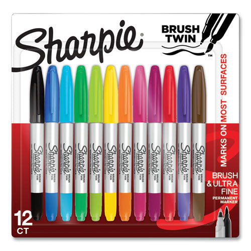 Brush Tip Permanent Marker, Twin Tip, Brush/Ultra-Fine Tip, Assorted Colors, 12/Pack-(SAN2168237)